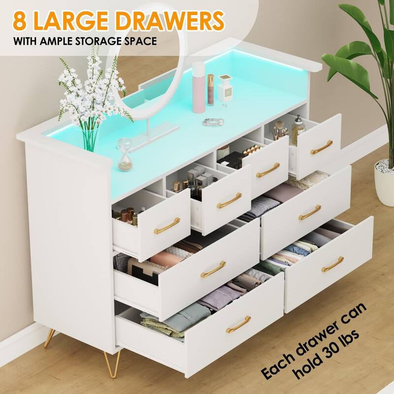 Tall Dresser for Bedroom with Charging Station & RGB Lights - 8 Drawer Wooden