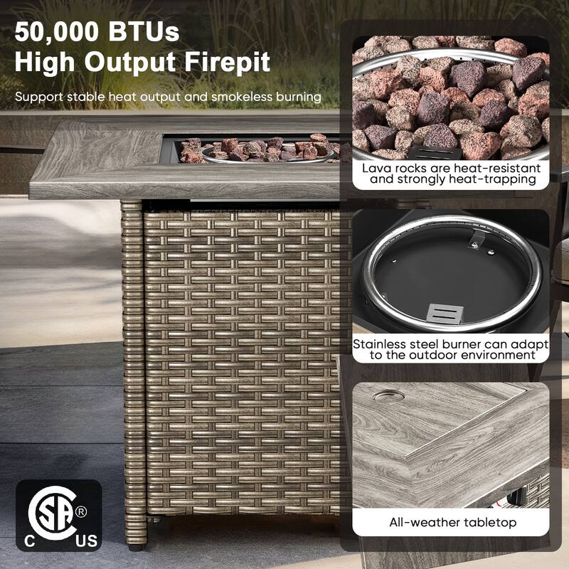 30 in. Square Brown Wicker and Metal Propane Gas Outdoor Fire Pit Table with Lava Rocks, 50000 BTU