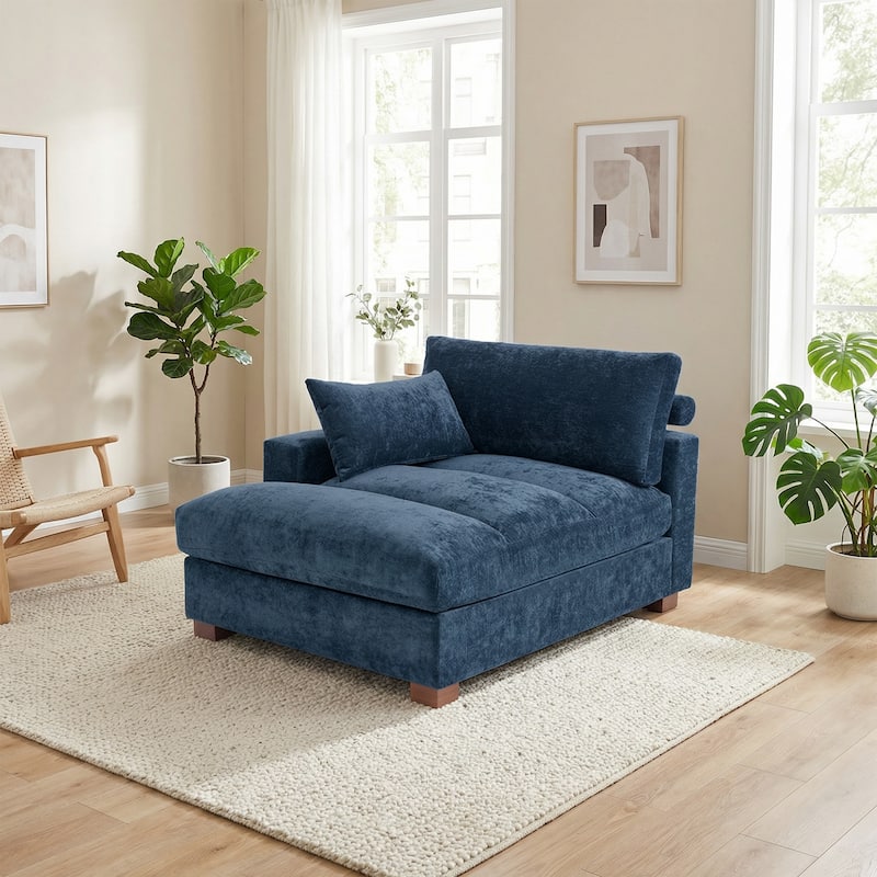 Modern Corduroy L-Shaped Sofa Chaise Lounge Couch - Blue/Left/Chenille - Left Facing