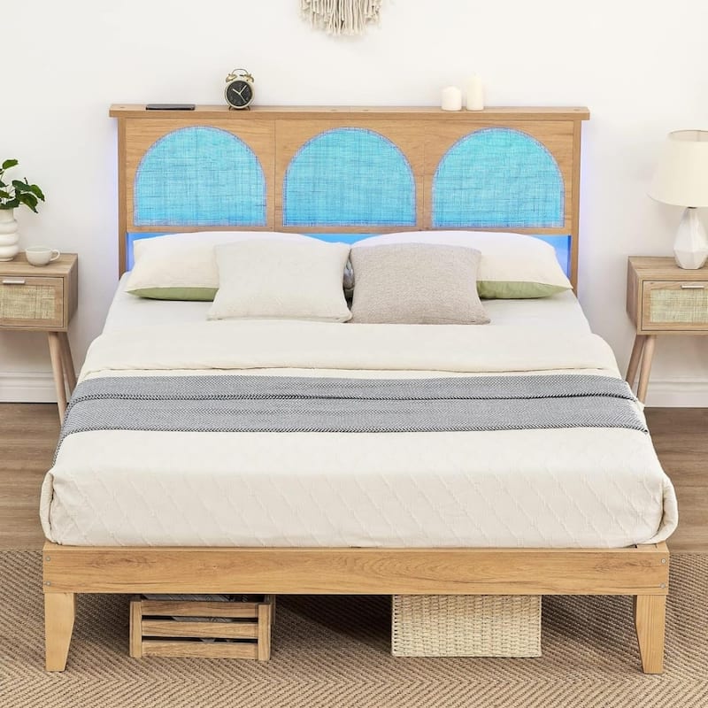 Modern Wooden Platform Bed Frame With Arched Natural Rattan Headboard And LED Lights - Full