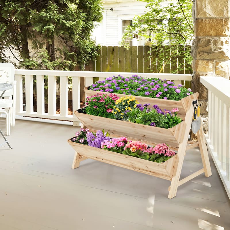 3 Tier Wooden Vertical Raised Garden Bed w/Storage Shelf & Side Hook