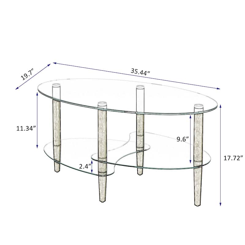 Oval glass coffee table, Transparent coffee table, modern table in living room with Oak wood legs, tea table