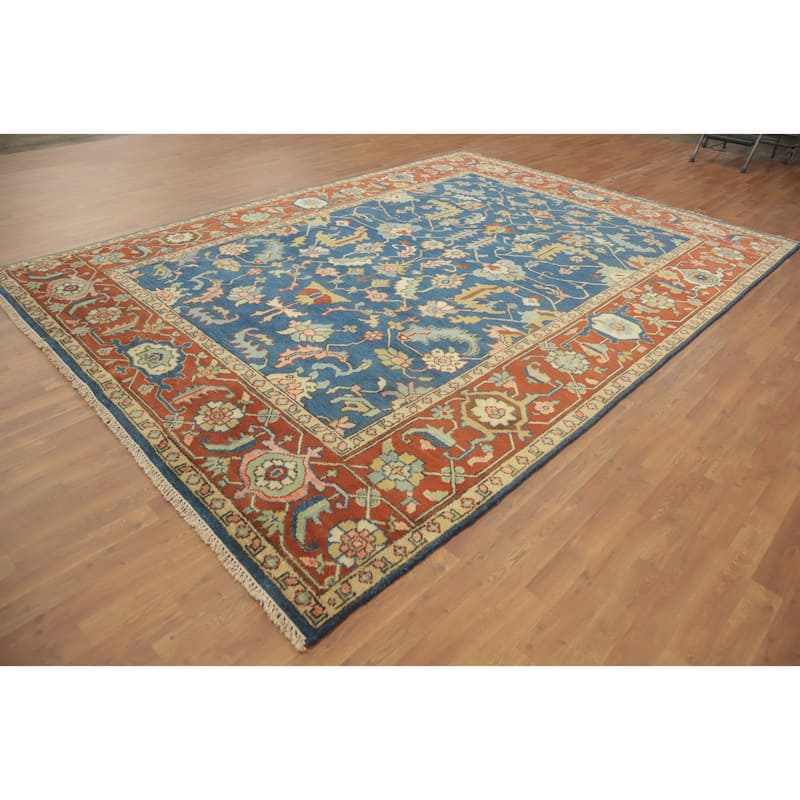 Hand-knotted Transitional Wool Carpet Blue Oushak Rug Floral Oriental Area Rug - 12' 2'' X 8' 10''