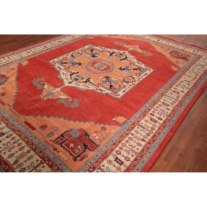 Geometric Heriz Serapi Vegetable Dye Area Rug Hand-Knotted Wool Carpet - 8'11" x 11'11"