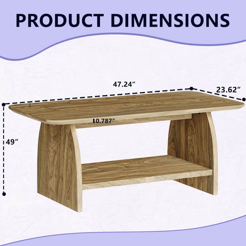 47 Inch Modern Living Room Coffee Table, Double-Layer Rectangular Coffee Table With Storage Function, Rounded Corner Design