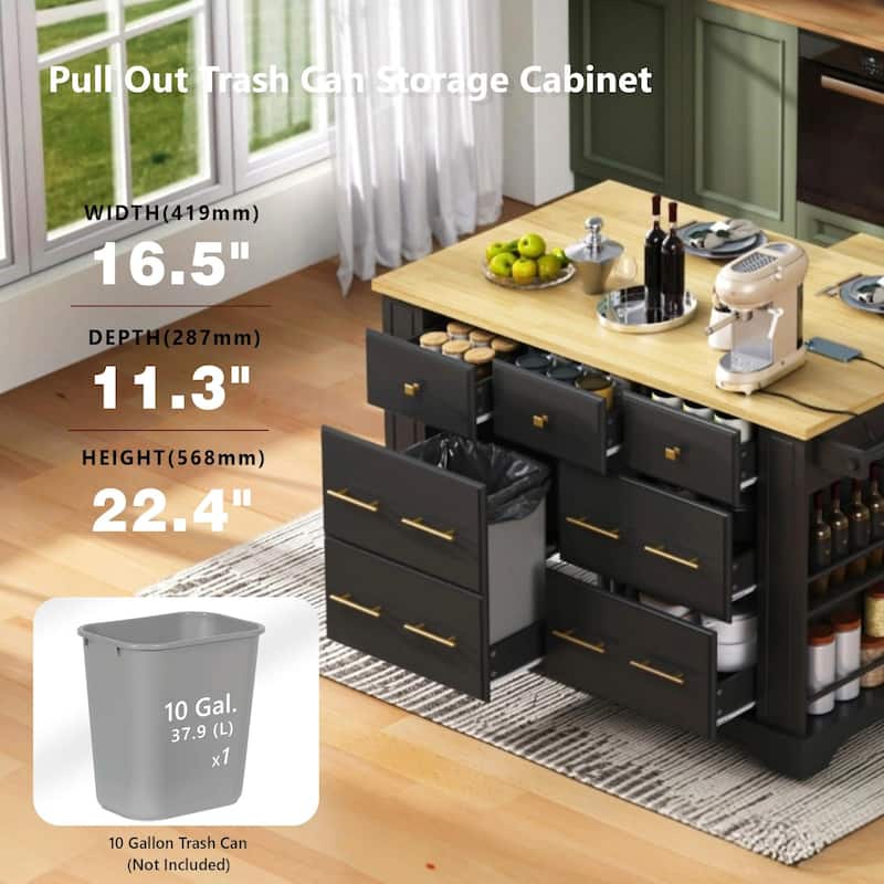 Kitchen Island with 6 Drawers, Pull-Out Trash Can Storage