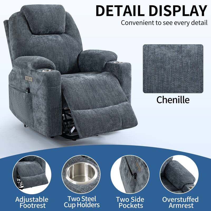 Roomfitters Power Lift Recliner Chair with Heat Massage USB C Charging Ports Heavy Duty Fabric Sofa with Cup Holders, Blue