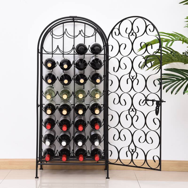 Elegant Wine Bottle Rack with Sliding Latch Door, 35 Bottles Wine Bakers Rack, Freestanding Wine Holder Display Shelves
