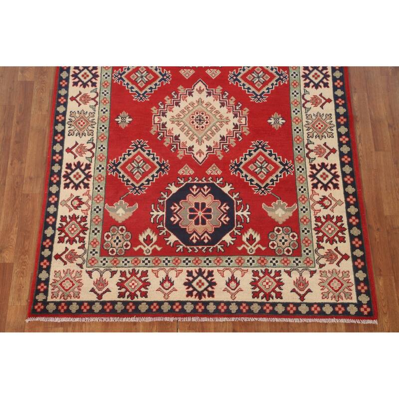Geometric Kazak Area Rug Handmade Red Wool Carpet - 5'1" x 6'8"