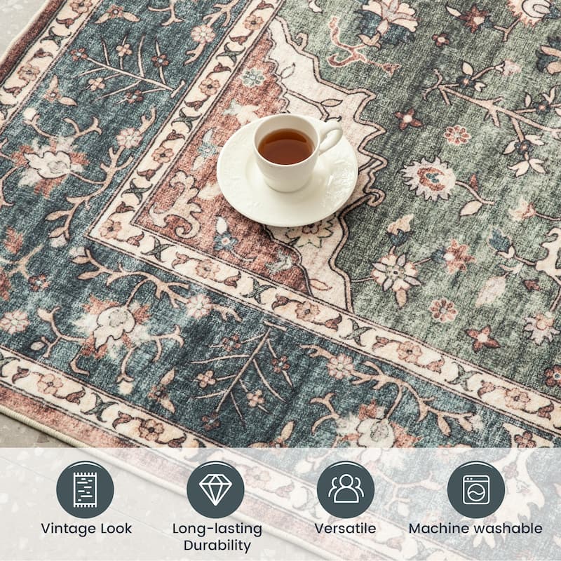 Glitzhome Machine Washable Boho Floral Medallion Area Rugs 5' x 8'