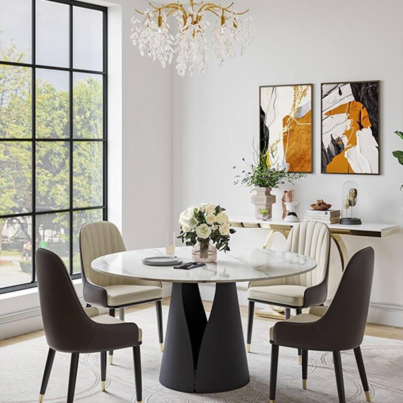 Modern Round White Dining Table，Sintered Stone Tabletop, Solid Black Carbon Steel Base