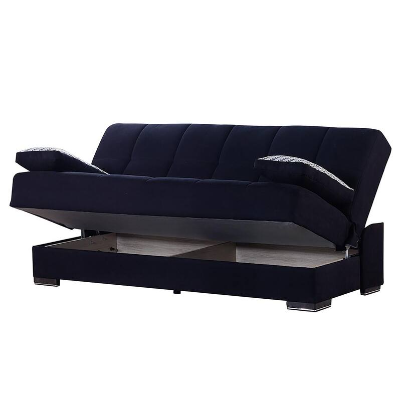 HomeRoots 75" Black Chenille Convertible Futon Sleeper Sofa And Toss Pillows With Storage