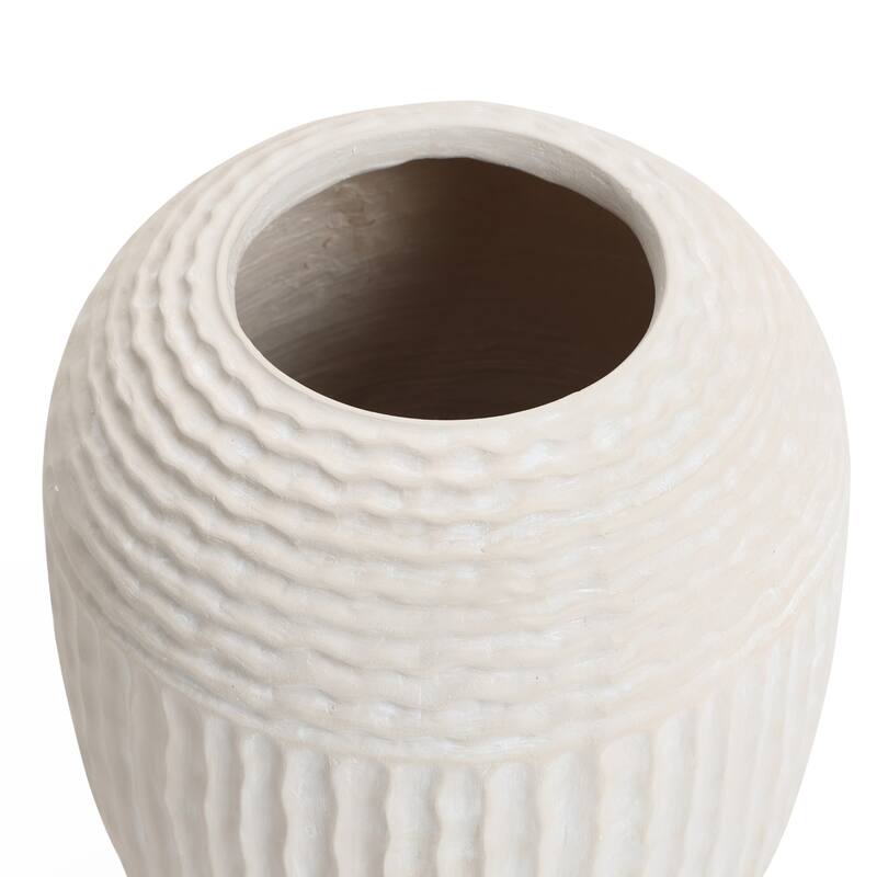 Beige Ribbed Round 15.2-Inch Tall MgO Vase