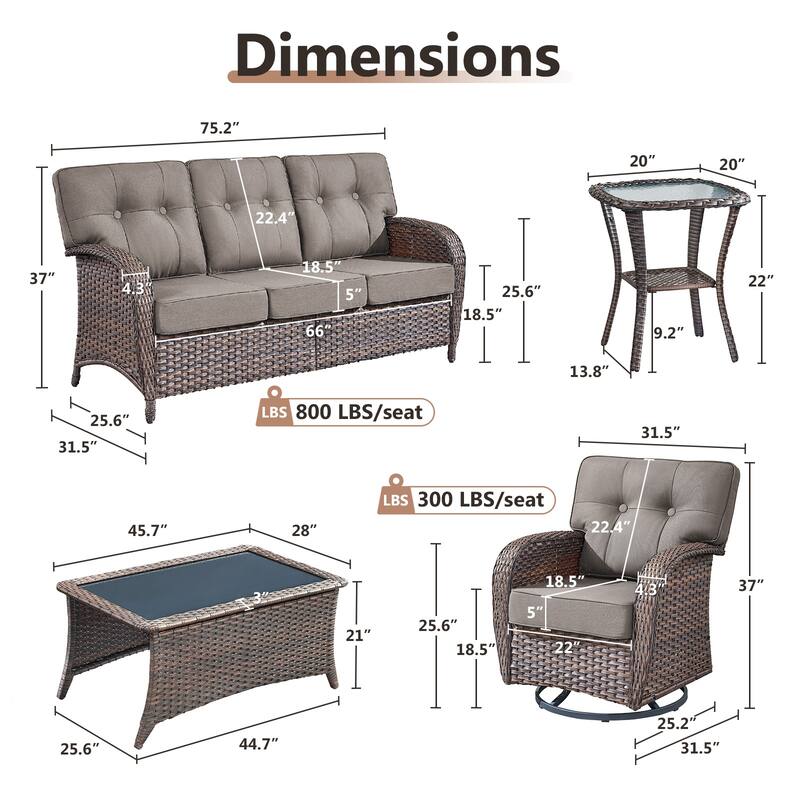 TWrap 5-Piece Patio Brown Wicker Sofa Conversation Set with 5-Inch Thick Cushions