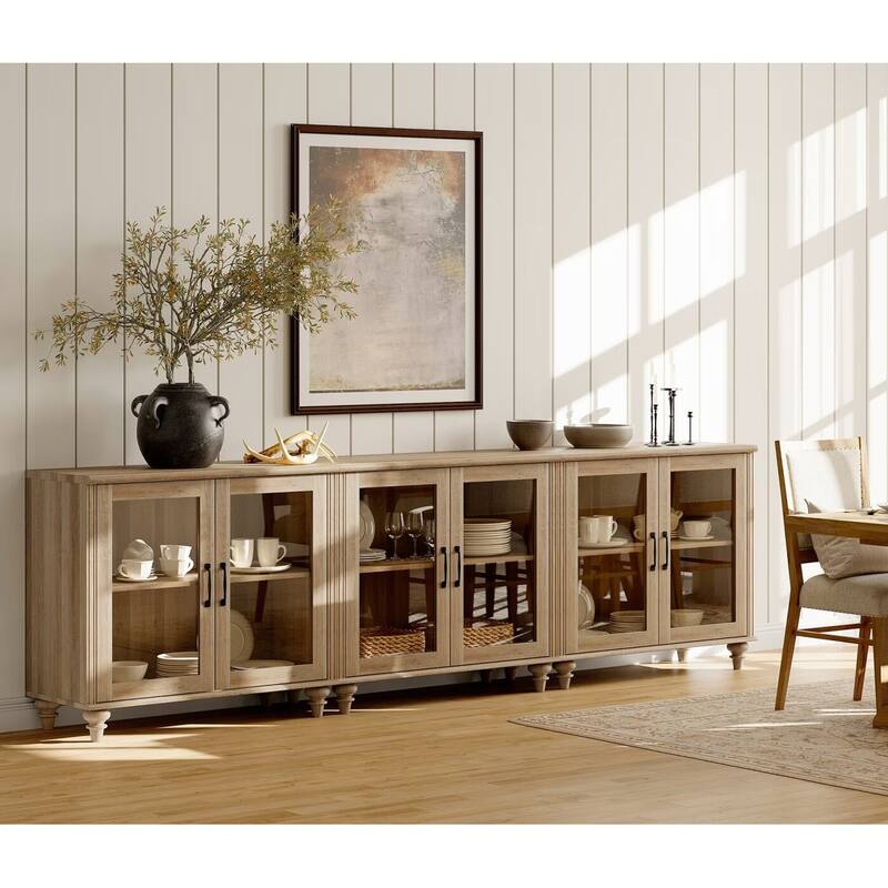 Kitchen Sideboard Buffet Cabinet, Glass Display Cabinet with Storage - 100 Inch - Oak