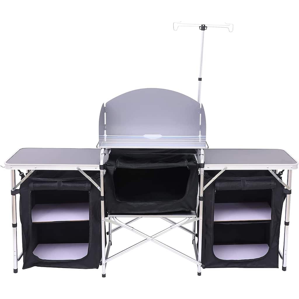 Folding Kitchen Camping Table, Portable and Aluminum Cooking Station Outdoor Table w/Storage and Light Stand