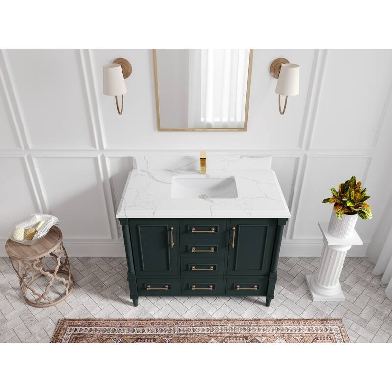 Willow Collections 42 in. W x 22 in. D Aberdeen Single Bowl Sink Bathroom Vanity with Countertop - 1.5" Calacatta Laza - Dark Forest Green