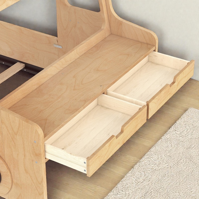 Kids Car Floor Bed with Storage Drawers and Desk, Car-Shaped Wood Floor Bed with Window, Twin Full Sizes