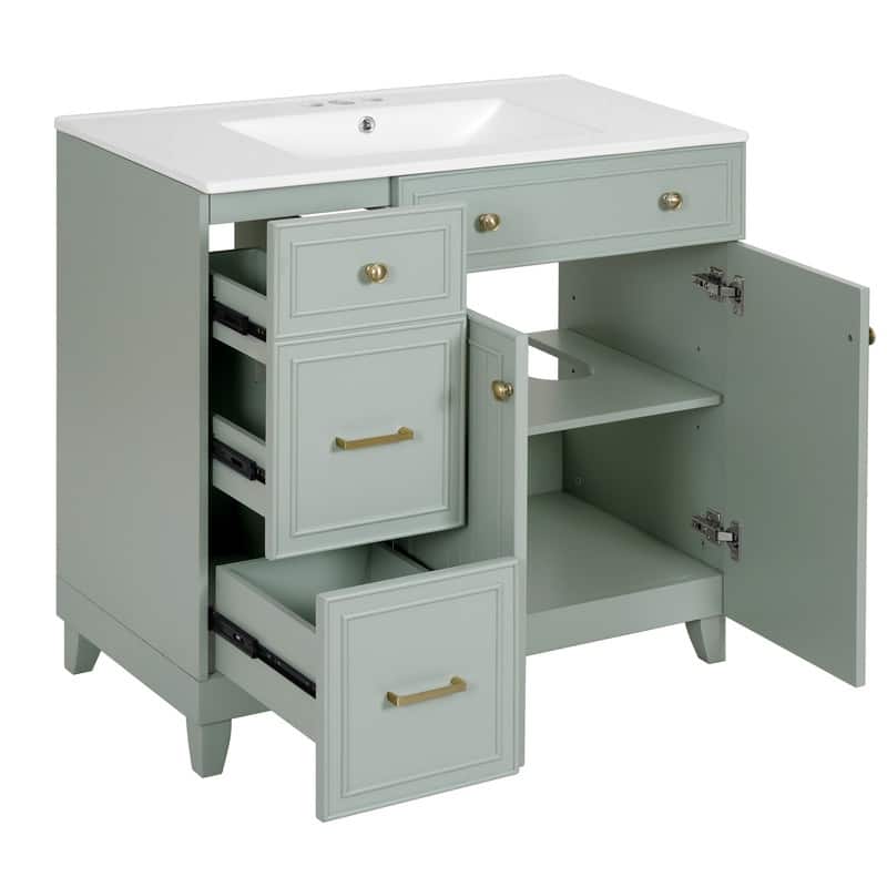 36" Bathroom Vanity with Ceramic Sink, Double-Layer Drawers, Soft Close Doors, Adjustable Shelves