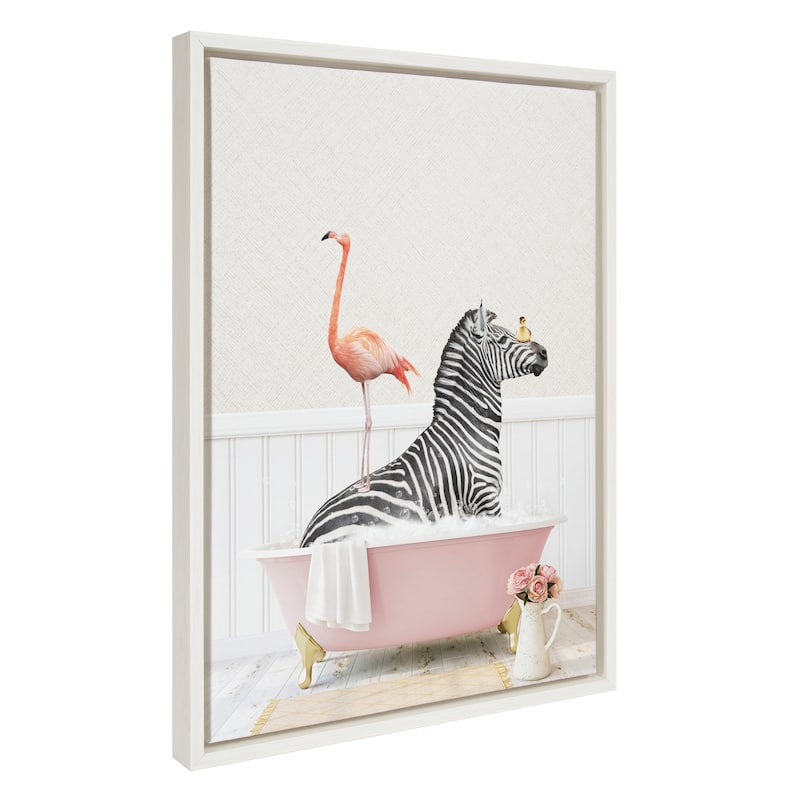Kate and Laurel Zebra Flamingo Rose Bath Framed Canvas by Amy Peterson - White
