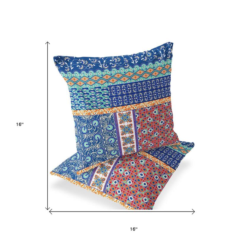 HomeRoots Set of Two 16" X 16" Blue and Orange Blown Seam Floral Indoor Outdoor Throw Pillow - 16.00' X '16.00' X '5.00