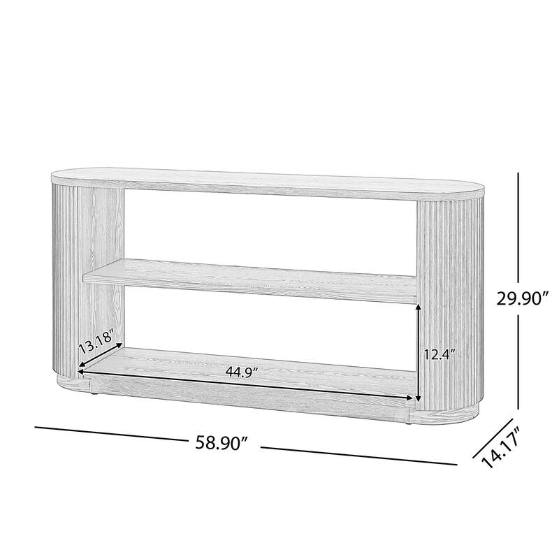 58.9" Wooden Entryway Console Table with Triple Tier Open Storage Shelves, Living Room Vertical Striped Sofa Table with Oval Top
