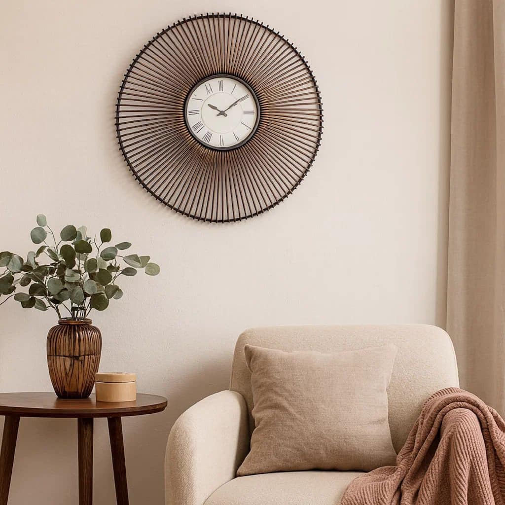 Wall Clock Set of 2 with Metal Fan Guard Design Frame, Brown