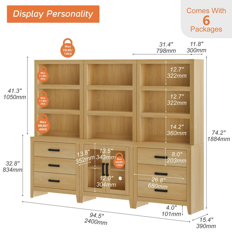 WAMPAT 74" Tall Bookshelf with Glass Doors and Drawers, 3-Tier Farmhouse Storage Cabinet