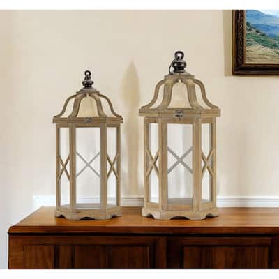 Set of Two Natural and Brown Wood and Metal Geometric Floor Lantern Candle Holders