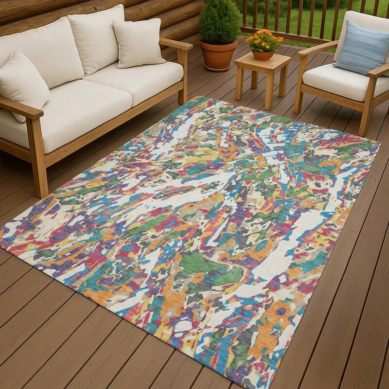 Machine Washable Indoor/ Outdoor Brushstrokes Chantille Rug - Cream - 2'6" x 3'10"