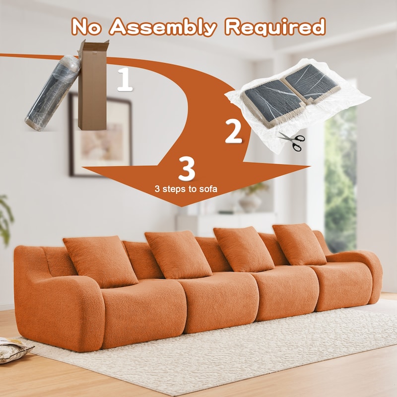 118" Teddy Fabric Boneless Couch, Upholstered 4-Seat Sofa with Curved Armrests, Modular Deep Seat Sofa, No Assembly Required