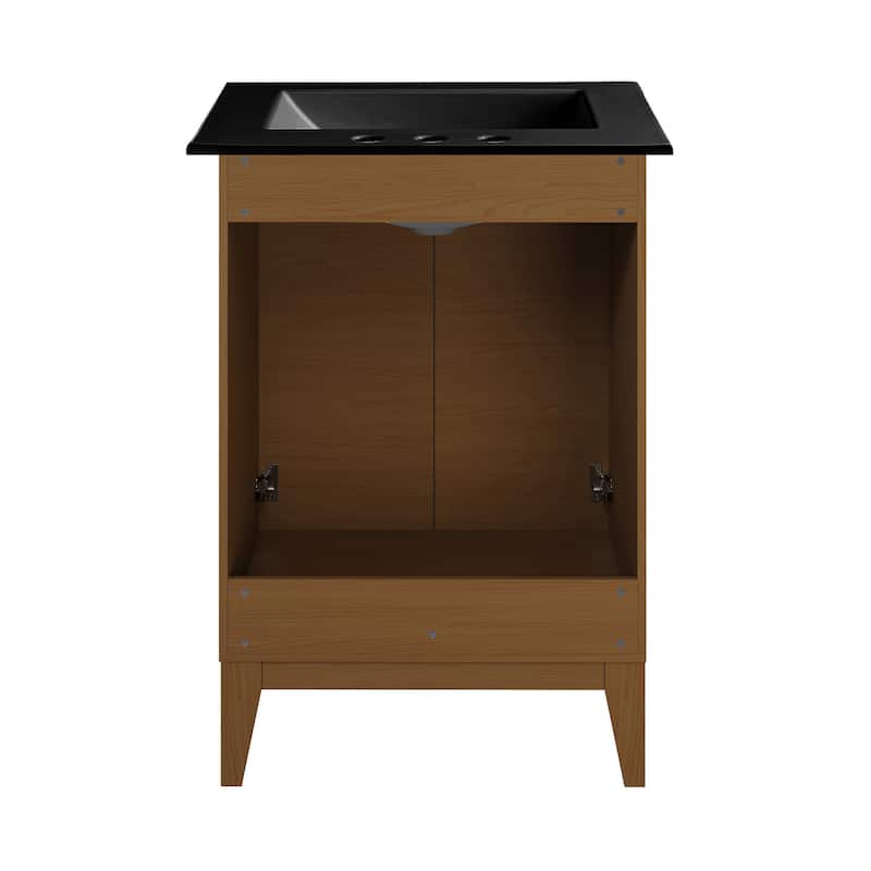 Cascade 24 In. Brown Oak Bathroom Vanity With Black, 3-Hole Ceramic Sink Top