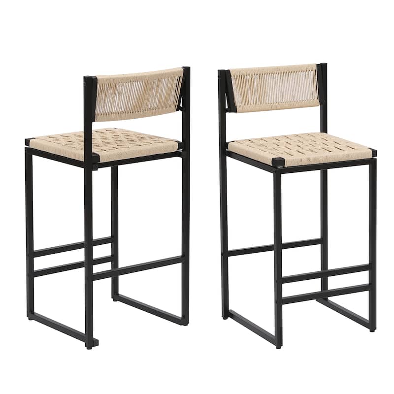 GDFStudio - Riviera Modern Handwoven Paper Rope Counter Height Bar Stool with Metal Frame & Backrest, Set of 2 - 34.84"H