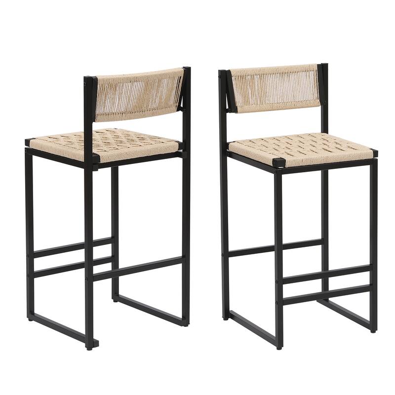Set of 2 Woven Bar Stools with Backrest Paper Rope Weave Dining Chairs for Kitchen Island (Style B Black & Creamy White)