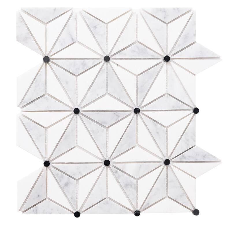 Santorini 1x3 Star Carrara & Thassos Marble Mosaic Tile - Wall, Backsplash - 1 Sheet (1 Sq. ft.) - Carrara Thassos