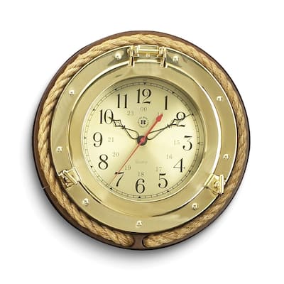 Curata Solid Brass Porthole Clock on Wood Base with Rope Trim and Military Time