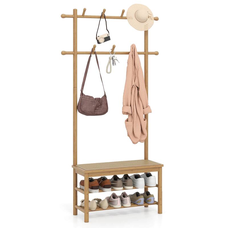Costway Bamboo Coat Rack with Bench Shoe Storage 2 Hanging Rods 11 - See Details - Beige