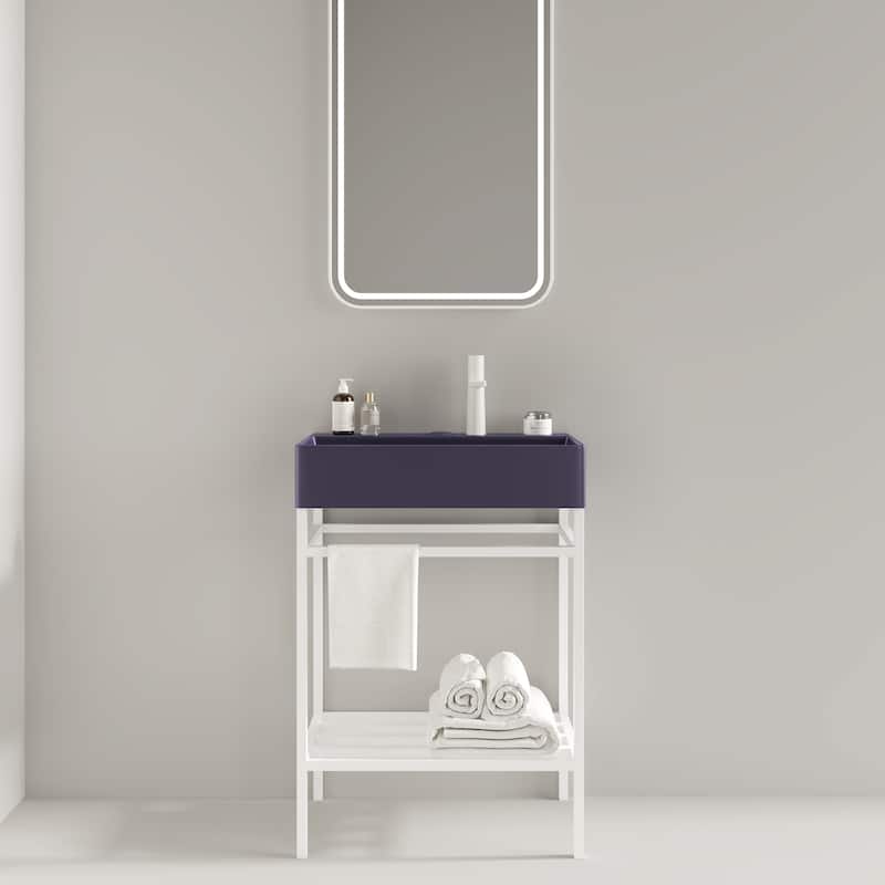 24" Bathroom Vanity with Ceramic Sink, Glossy Red Rectangular Basin, Freestanding Design with Open Metal Le - 23.62in L Ceramic - 23.62in L White+Purple