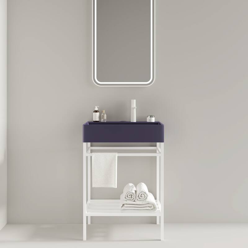 GDFStudio - Lofi Modern 24" Bathroom Vanity with Glossy Rectangular Ceramic Basin & Open Metal Storage Shelf, WITHOUT Faucet