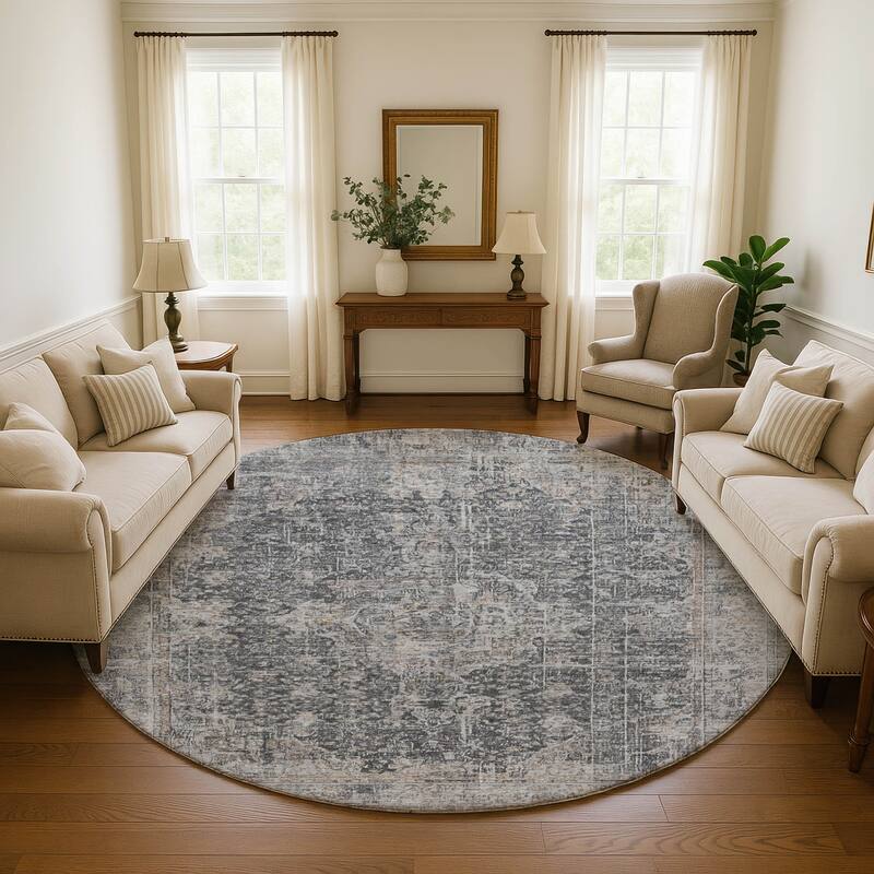 Premium Washable Super Soft Vintage Traditional Mayfield Rug - Charcoal - 8' x 8'