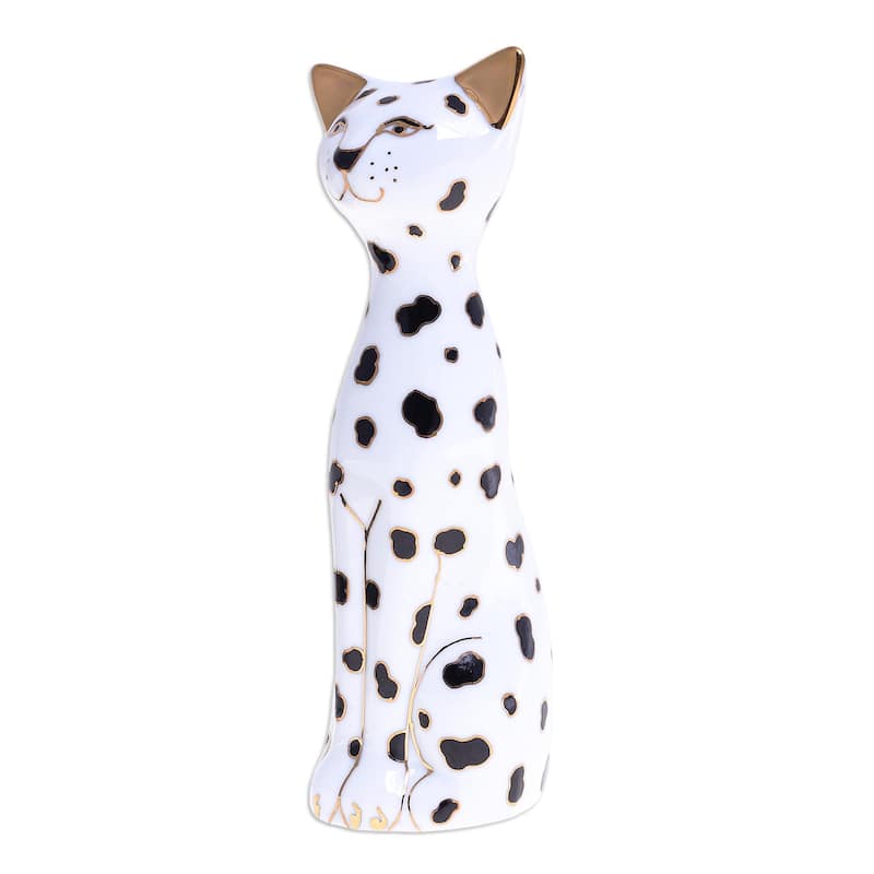 Novica Handmade Dalmatian Cat Porcelain Statuette