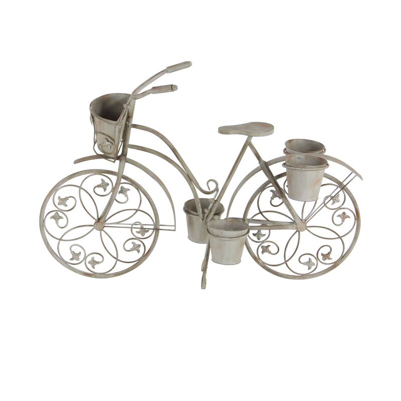 Gray Metal Distressed Indoor Outdoor Scroll 3 Tier Bike Indoor Outdoor Plantstand with Fleur De Lis Wheels
