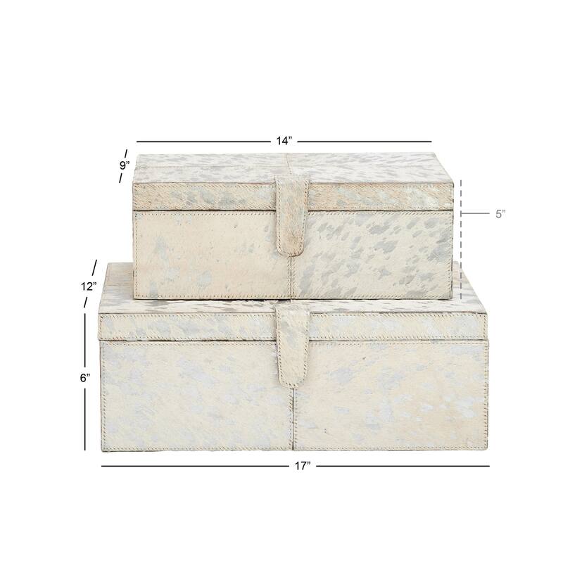 Gray, Silver or Gold Leather Handmade Cowhide Storage Box with Silver Foil Accents (Set of 2)