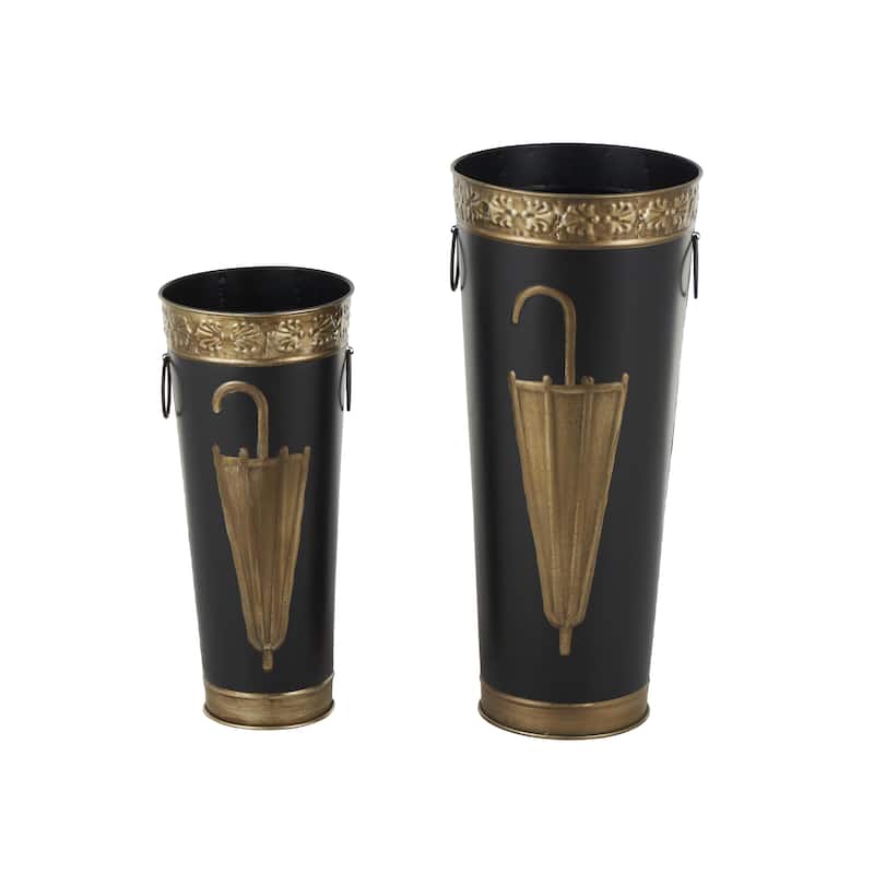 Metal Umbrella Stand with Umbrella Image and Handles - Set of 2 Brown or Black - Roche River Decor