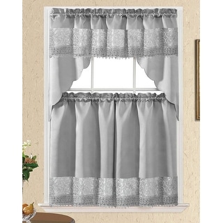 Gray Embroidery Kitchen Curtain 3PC Set Swag And 34 Inches Long Tiers Set 