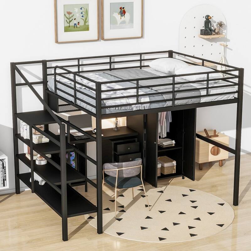 Metal Loft Bed With Wardrobe,Table,Drawer and 4-layers Ladder