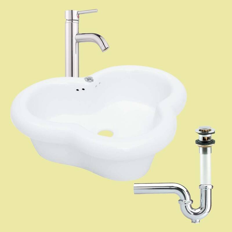 White Ceramic Countertop Vessel Bathroom Sink With Overflow, Faucet, Drain and P-Trap Renovators Supply