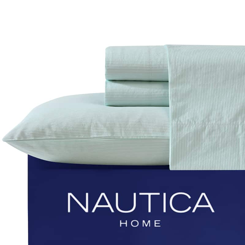 Nautica Cotton Percale Deep Pocket Bed Sheet Sets - Twin - Penny Pinstripe Green