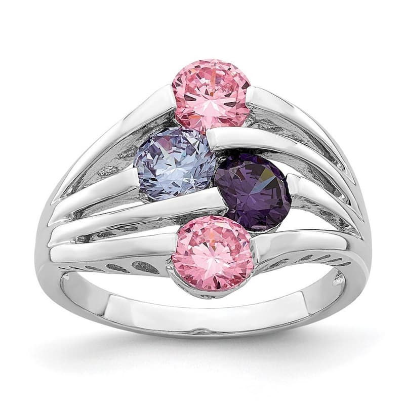 Curata 925 Sterling Silver Rhodium Plated Pink and Purple CZ Cubic Zirconia 4 Bar Ring