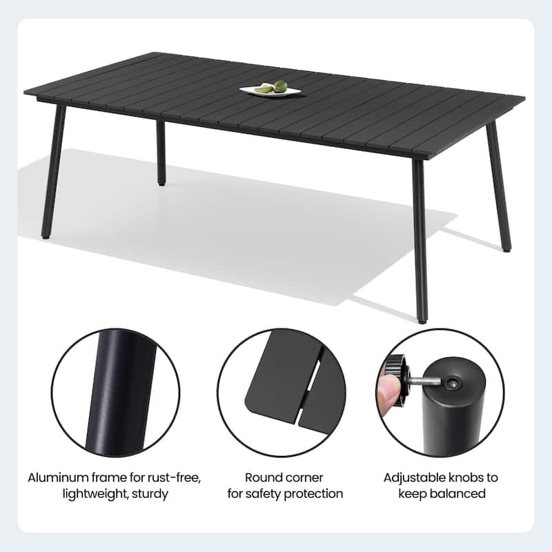 Outdoor Dining Set 8 Aluminum Folding Chairs with Adjustable Back and Rectangule Dining Table with Umbrella Hole